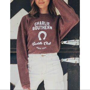 Charlie Southern Saddle Club Ribbed Oversize Sweatshirt in Burgundy size Medium